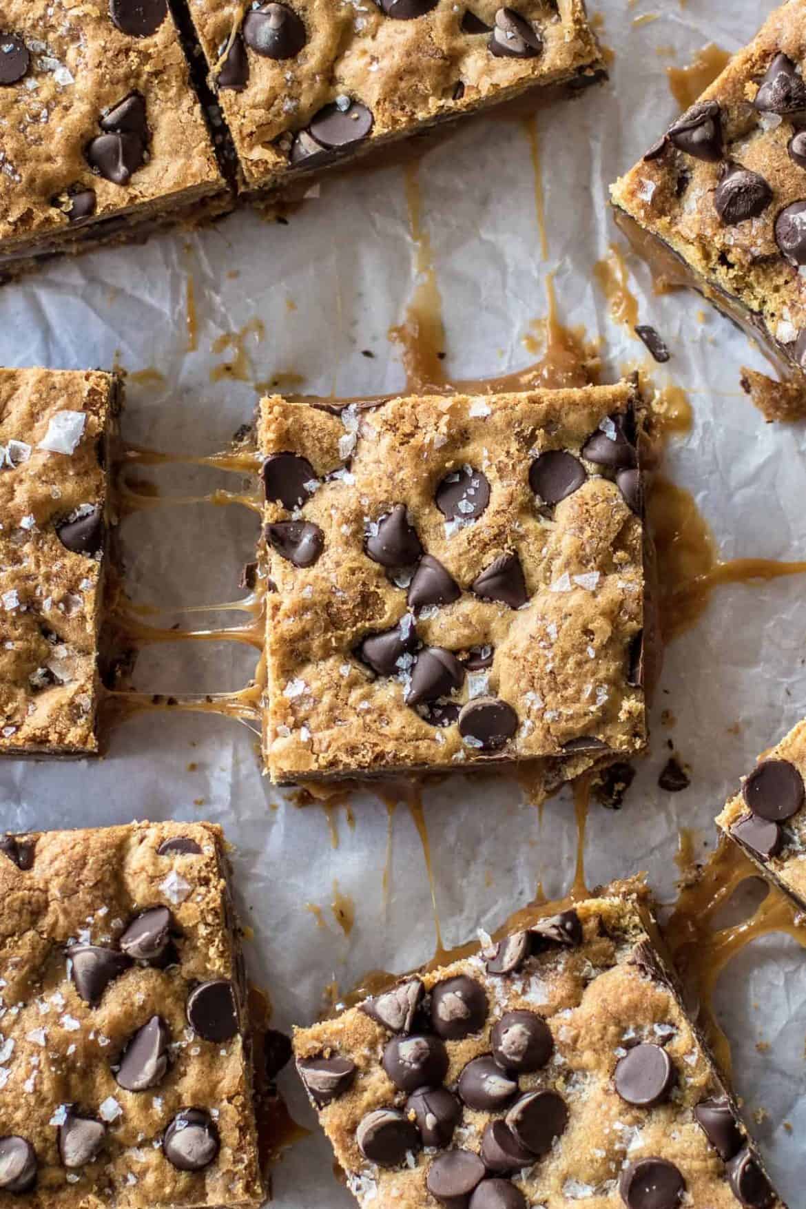 Top down shot of Close up top down shot of Burnt Butter Caramel Cookie Bars