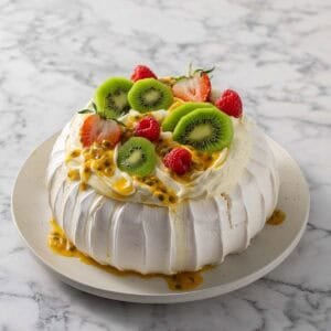 A pavlova dessert topped with whipped cream, sliced kiwi, strawberries, raspberries, and passion fruit sauce, served on a white plate on a marble surface.