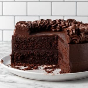 Thumbnail image of a wide shot of a chocolate cake that looks incredibly moist and has ganache frosting in the middle.