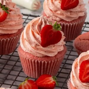 Square image of a strawberry cupcake
