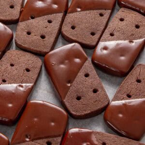 Square close up image of chocolate coated biscuits