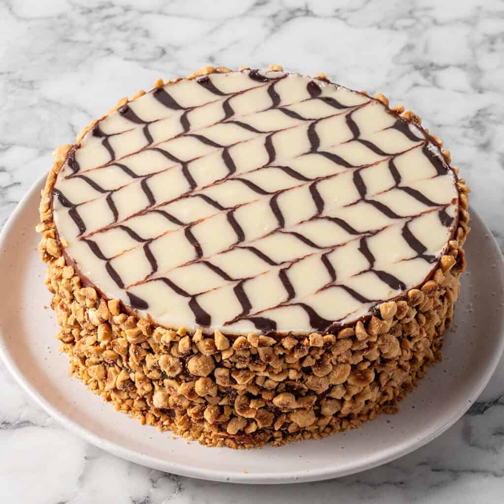 A square image of a chocolate and hazelnut cake with a feathered glaze on top