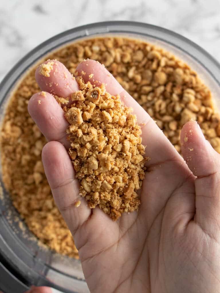 Showing how fine the toasted hazelnuts are after they've been crushed
