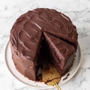 Square image of moist chocolate cake on a plate with a gold spatula covered in ganache