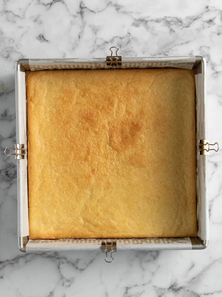 Bake the shortbread layer until golden