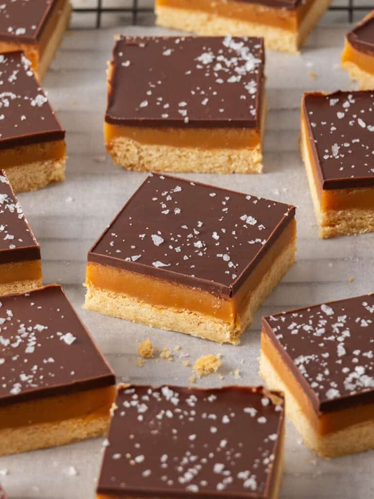 A top shot of sliced up caramel and shortbread bars