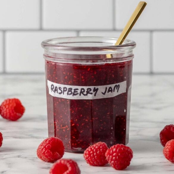 Square image of the jam in a glass jar