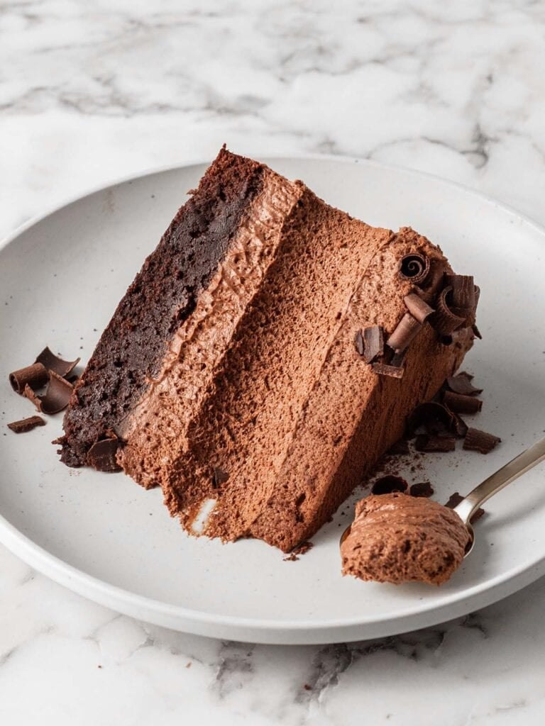 An image of a single slice of brownie and light and airy chocolate cake sitting on a plate with a spoonful taken out