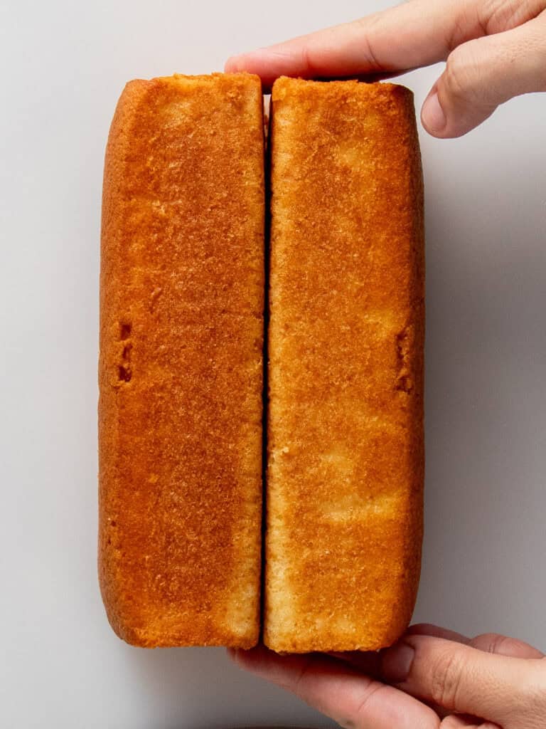 Showing what the two pieces of the square cake look like when put together