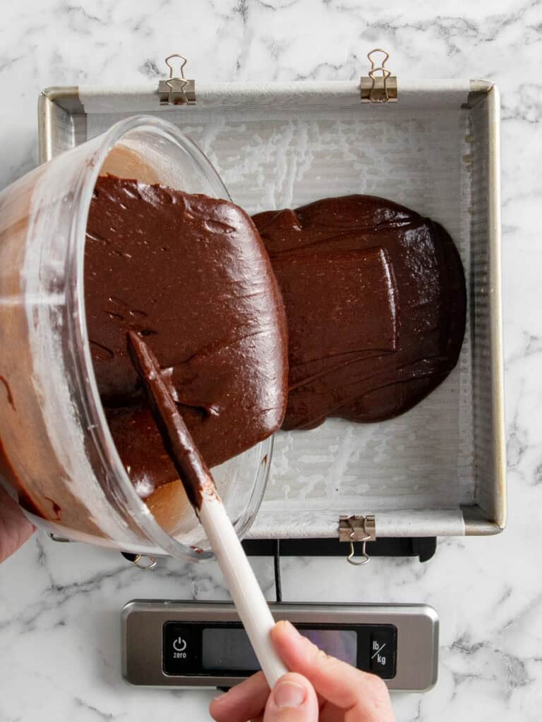 Pouring the chocolate batter in the baking tin