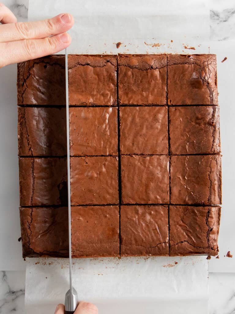 Slicing up the baked brownies