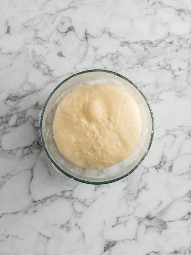 Top down shot of the dough after it's had an overnight rise
