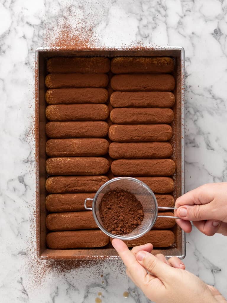 Add more cocoa powder on top of the first layer of biscuits