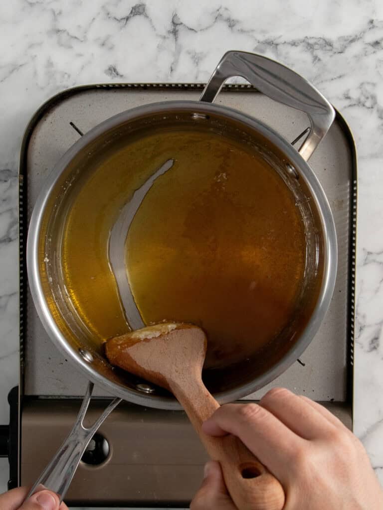 Showing the toffee as it begins to turn golden