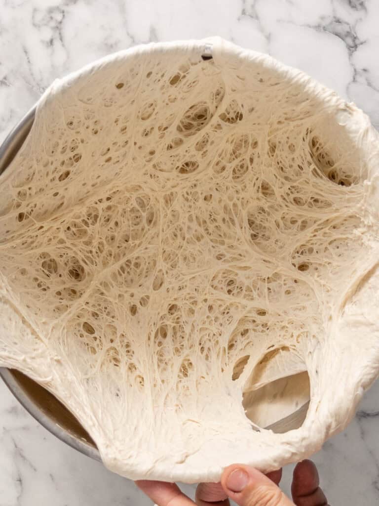 Showing the gluten network inside the dough after slow fermenting in the fridge