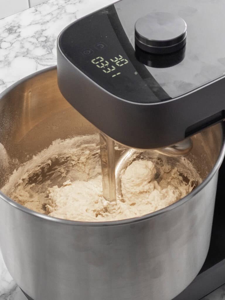 The dough looks scraggly after 5 minutes of kneading