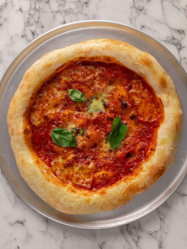 A top down view of the oven baked pizza