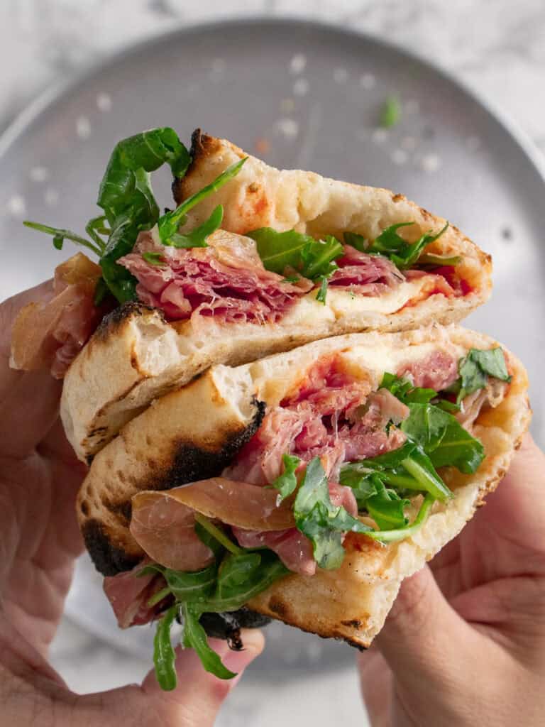 Showing the middle of the sliced calzone