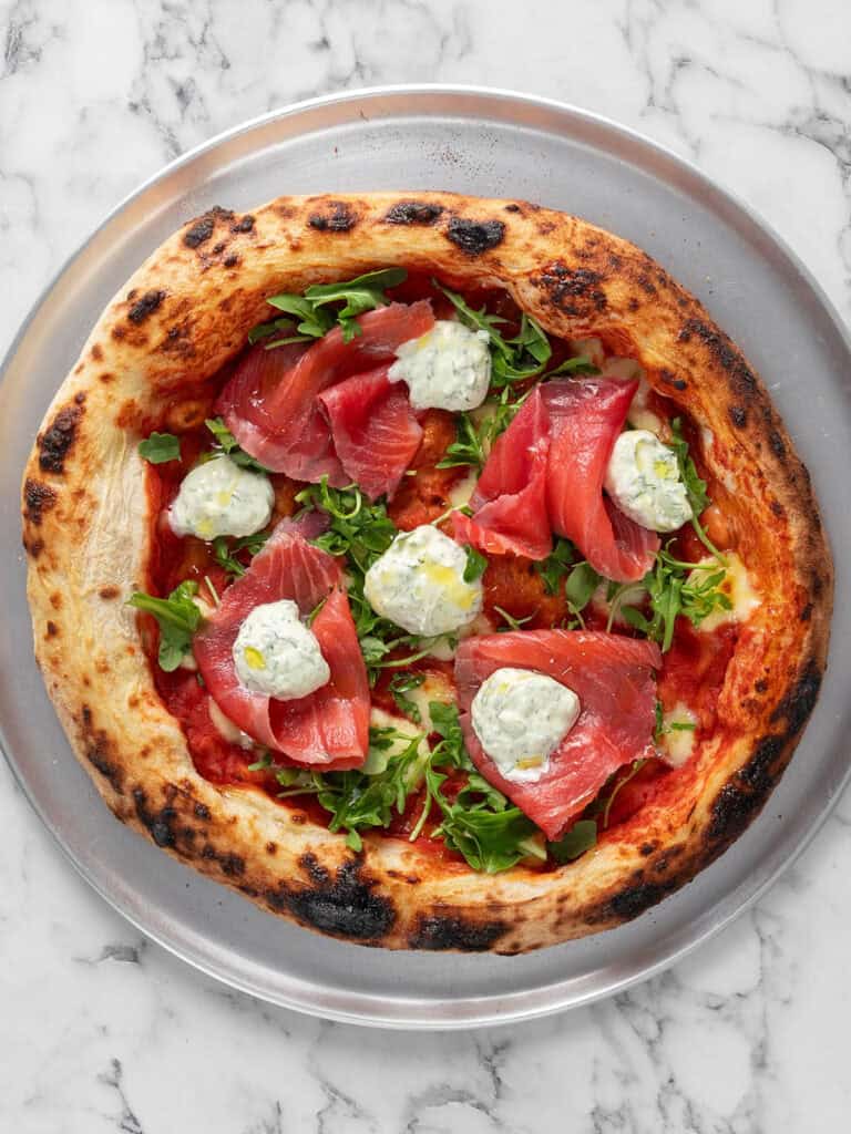 A smoked salmon pizza