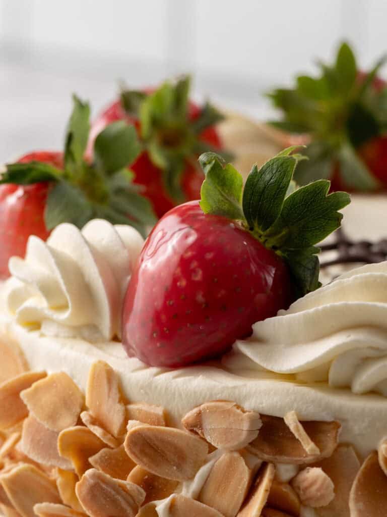 Close-up of a cake topped with fresh strawberries and swirls of whipped cream, with toasted almond slices decorating the sides.