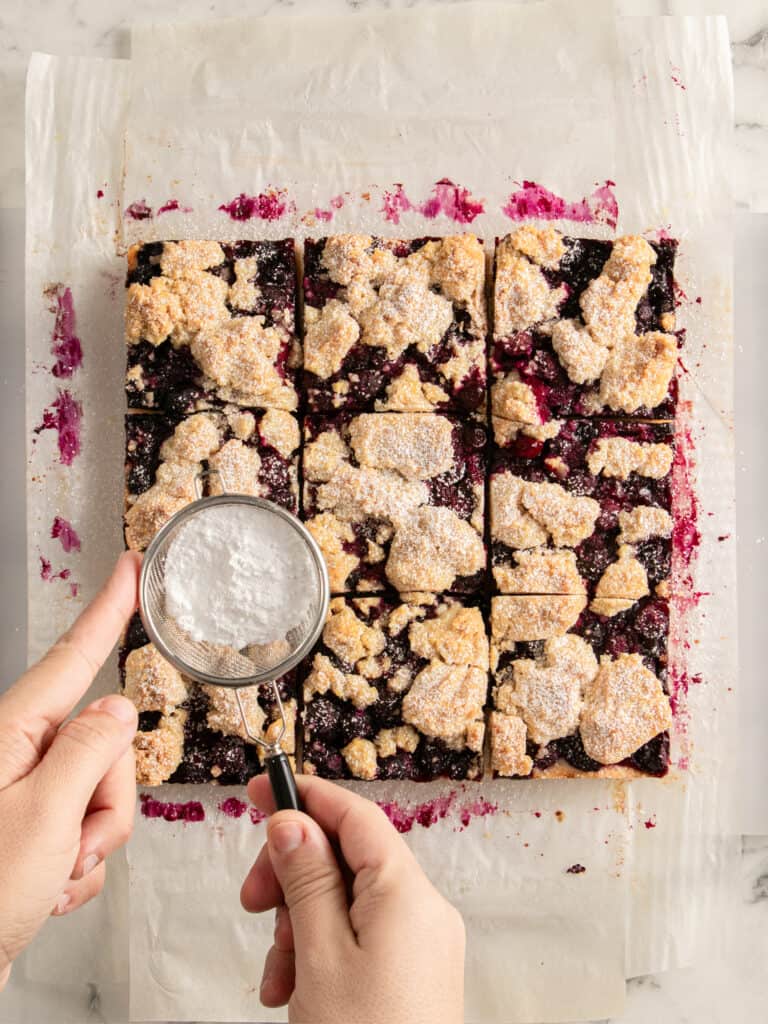 Homemade berry crumble bars with powdered sugar topping.