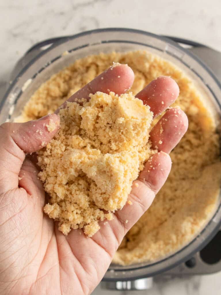 A hand holding a crumbly mixture of dough or pastry crumbs over a food processor bowl filled with the same mixture, set on a light kitchen countertop.
