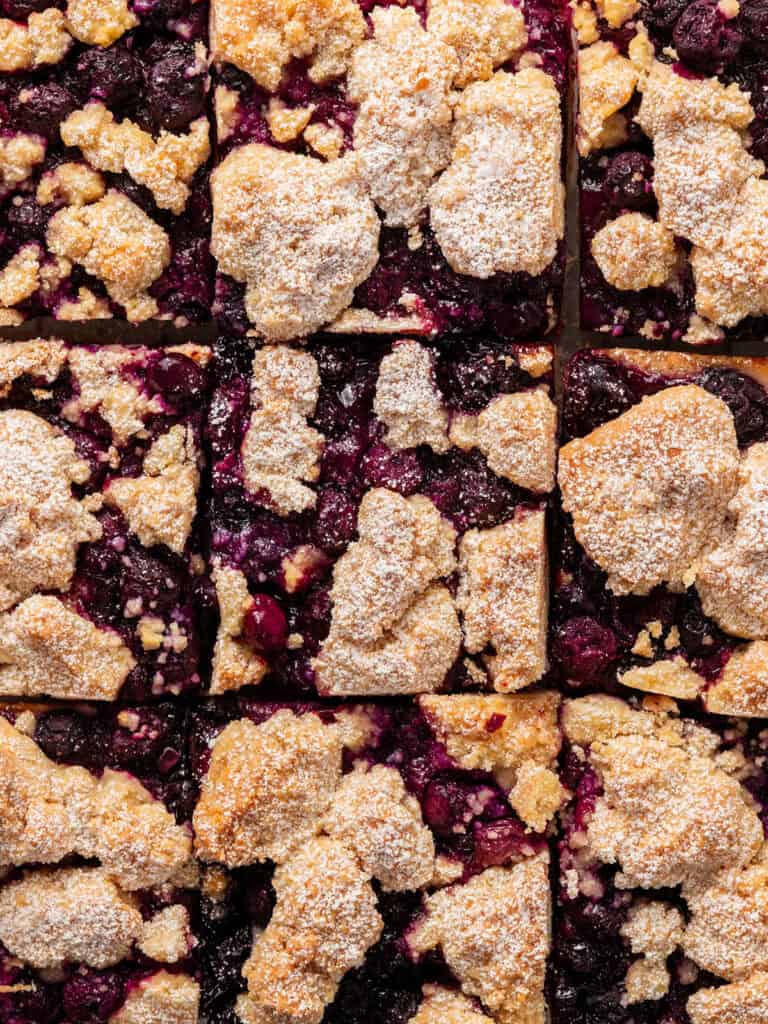 Close-up of neatly arranged berry crumb bars topped with powdered sugar. The golden, crumbly topping contrasts with the vibrant purple berry filling in each square slice.