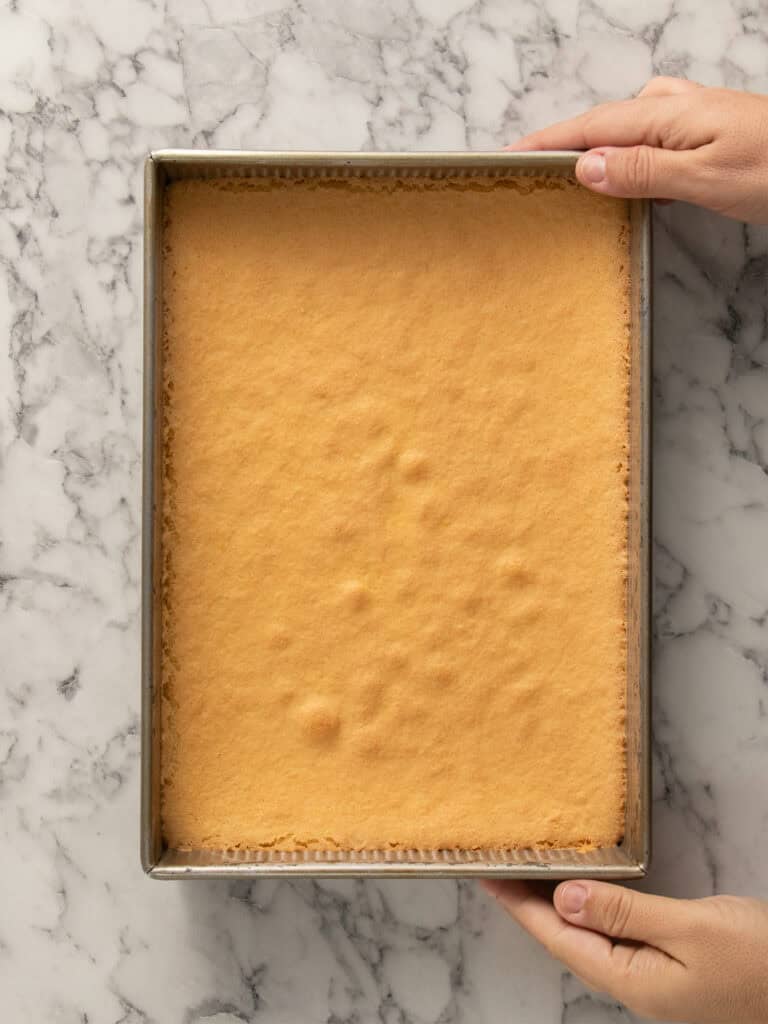 A pair of hands holds a rectangular metal baking pan with a freshly baked, golden brown cake resting on a marble countertop.