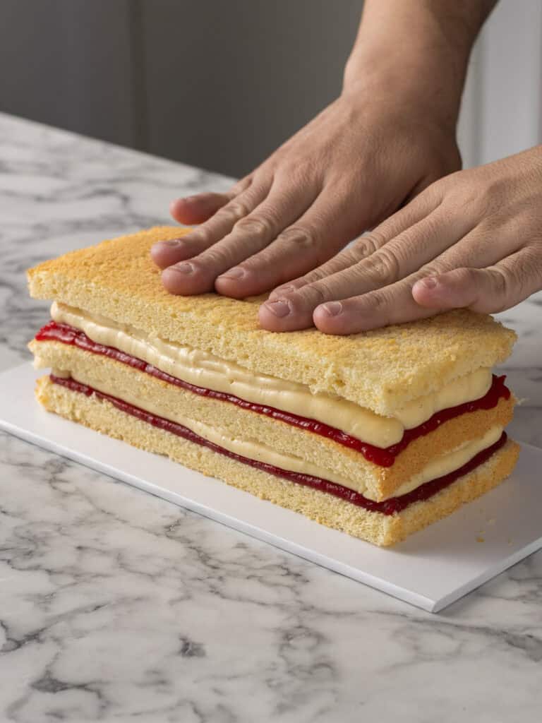 Hands gently press down on a rectangular layered sponge cake filled with cream and red fruit jam, resting on a white board atop a marble surface.