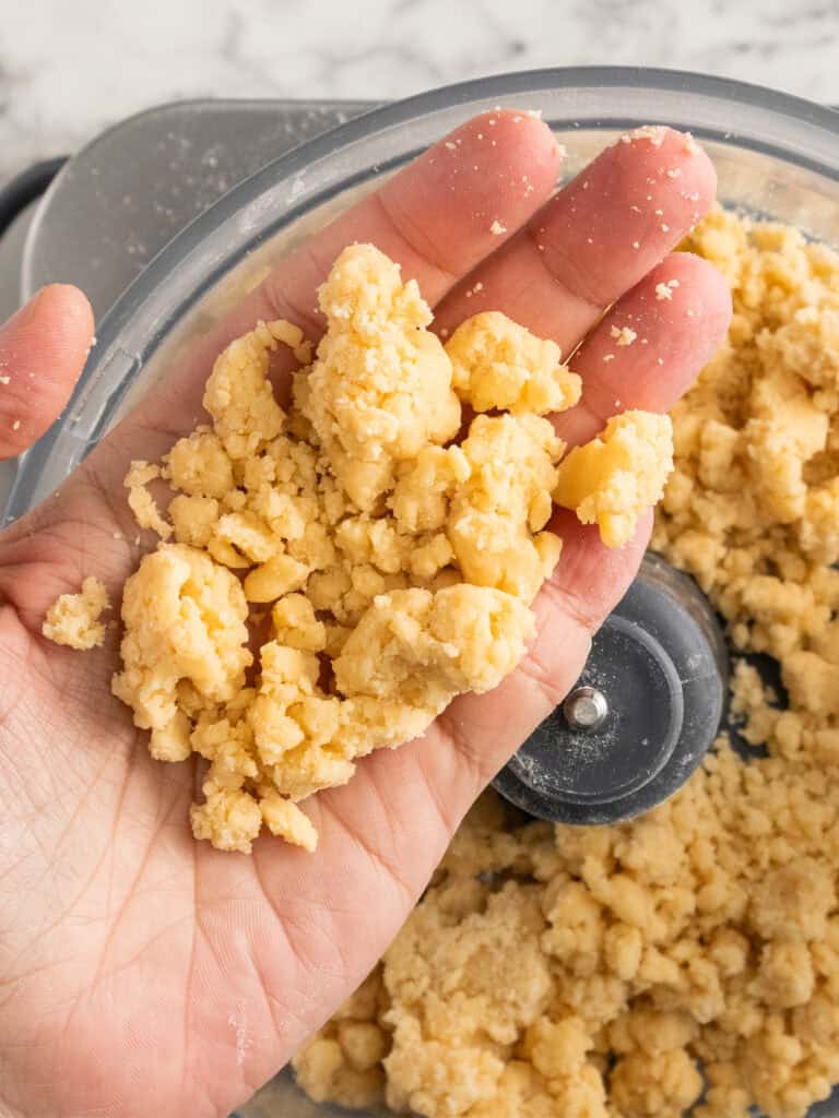 A hand holds a small handful of crumbly, yellowish dough over a food processor bowl filled with more dough.